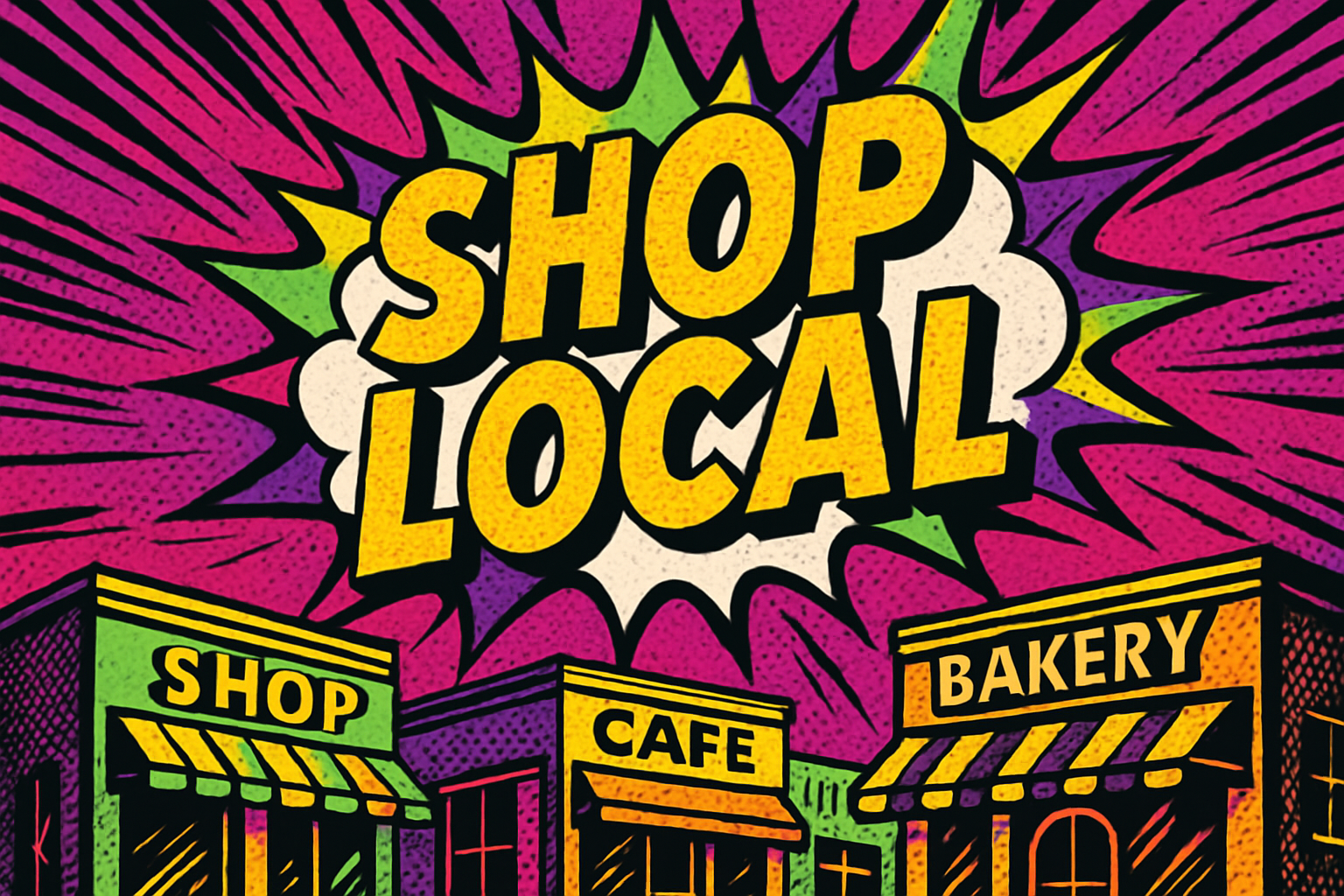 Bold comic book style magenta, purple, green and yellow shop local image